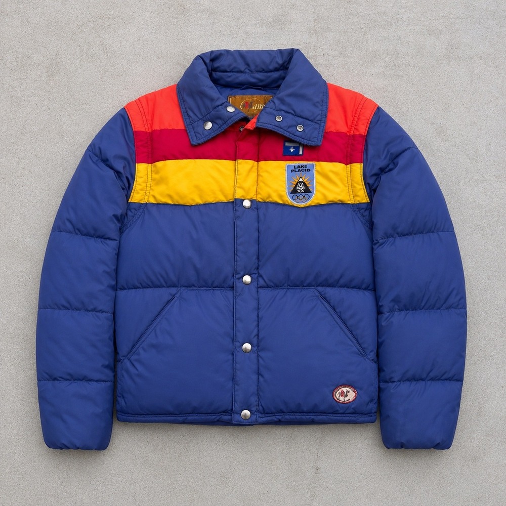 Vintage Camel Lake Placid 80s Olympics Puffer Jacket Blue Red Yellow Cigarette